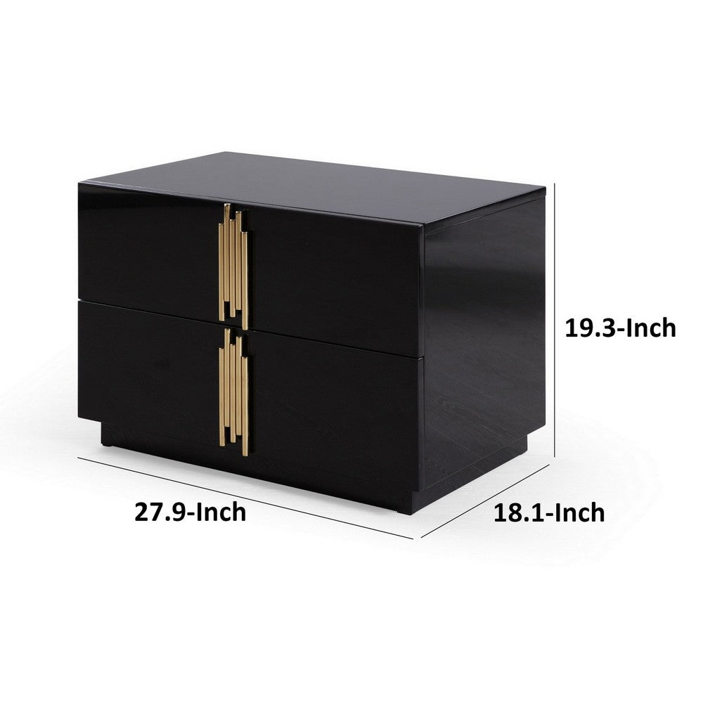 Benjara 28 Inch Nightstand, Modern Vertical Gold Handles, 2 Drawers, Black Finish
