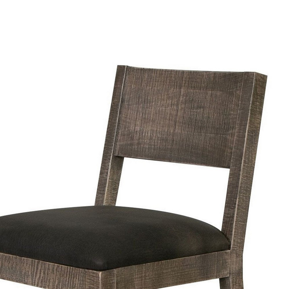 Benjara Piel 21 Inch Dining Chair Set of 2, Brown Pine Wood, Black Faux Leather