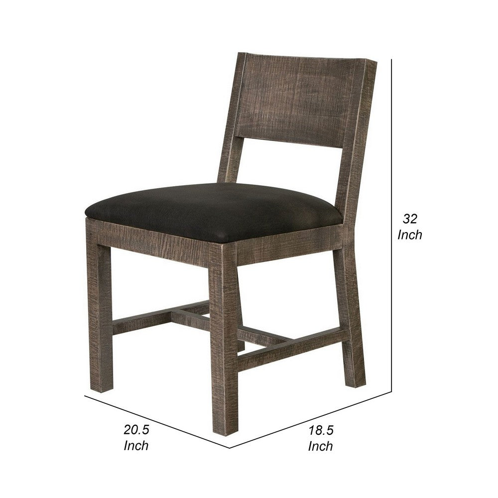Benjara Piel 21 Inch Dining Chair Set of 2, Brown Pine Wood, Black Faux Leather