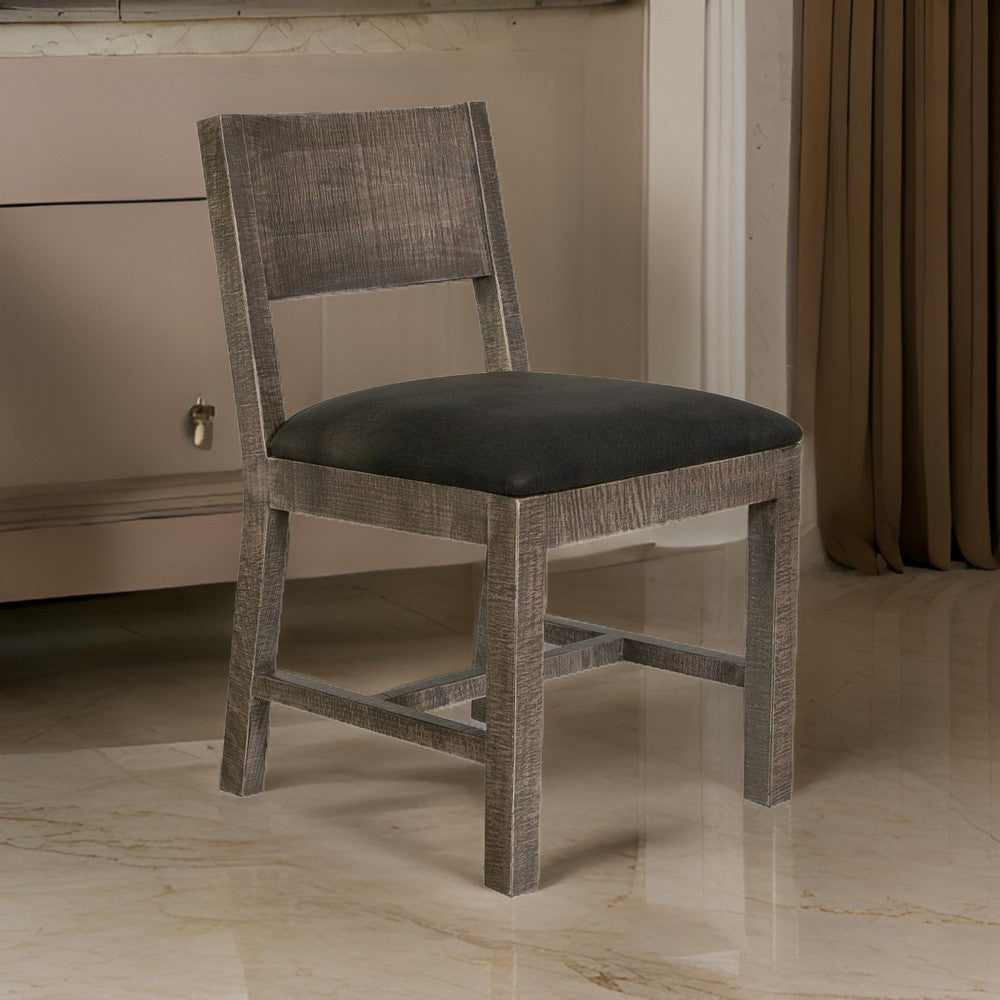 Benjara Piel 21 Inch Dining Chair Set of 2, Brown Pine Wood, Black Faux Leather