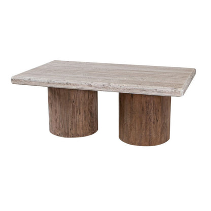 Benjara Kohl 50 Inch Cocktail Table, Brown Mango Wood, Drum Base, Cream Floated Top