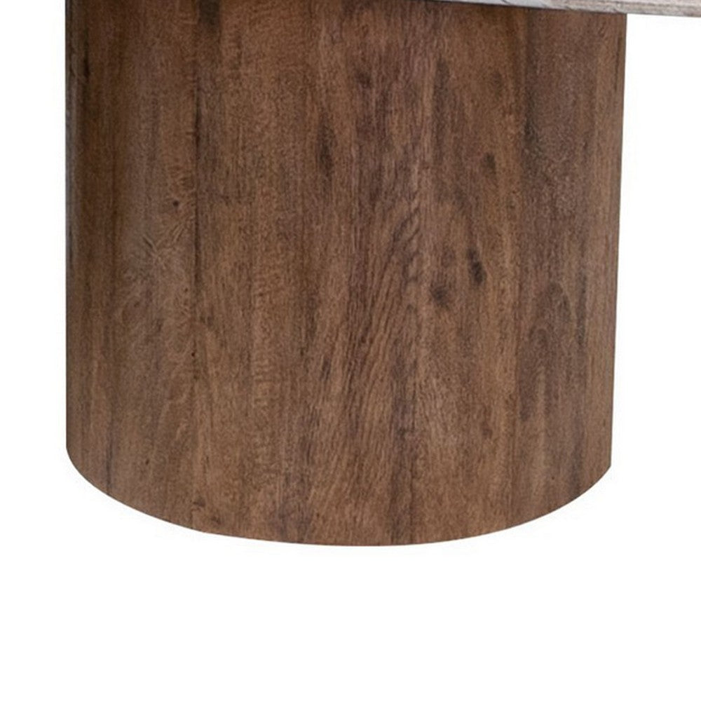 Benjara Kohl 50 Inch Cocktail Table, Brown Mango Wood, Drum Base, Cream Floated Top