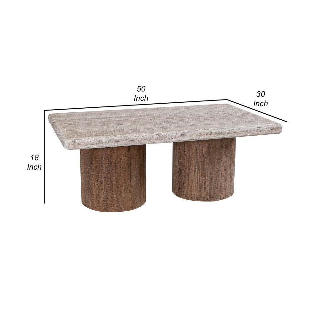 Benjara Kohl 50 Inch Cocktail Table, Brown Mango Wood, Drum Base, Cream Floated Top