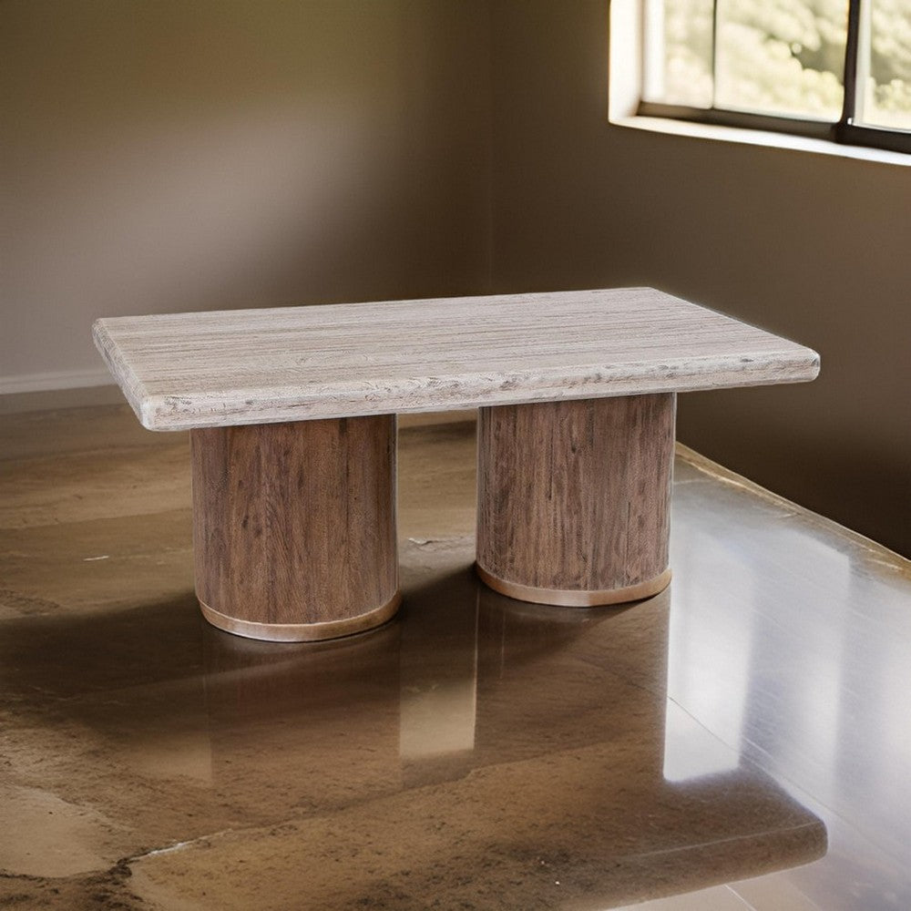 Benjara Kohl 50 Inch Cocktail Table, Brown Mango Wood, Drum Base, Cream Floated Top