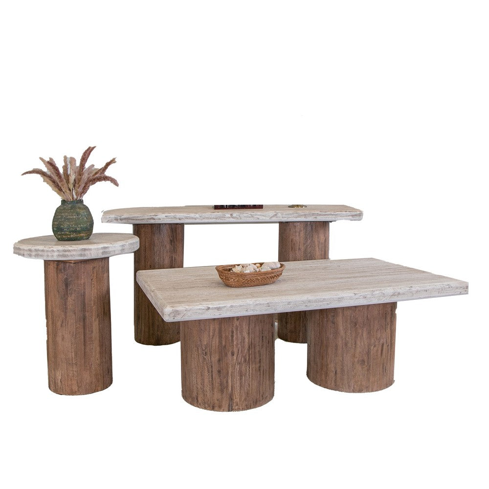 Benjara Kohl 26 Inch Side End Table, Brown Mango Wood, Drum Base, Cream Floated Top
