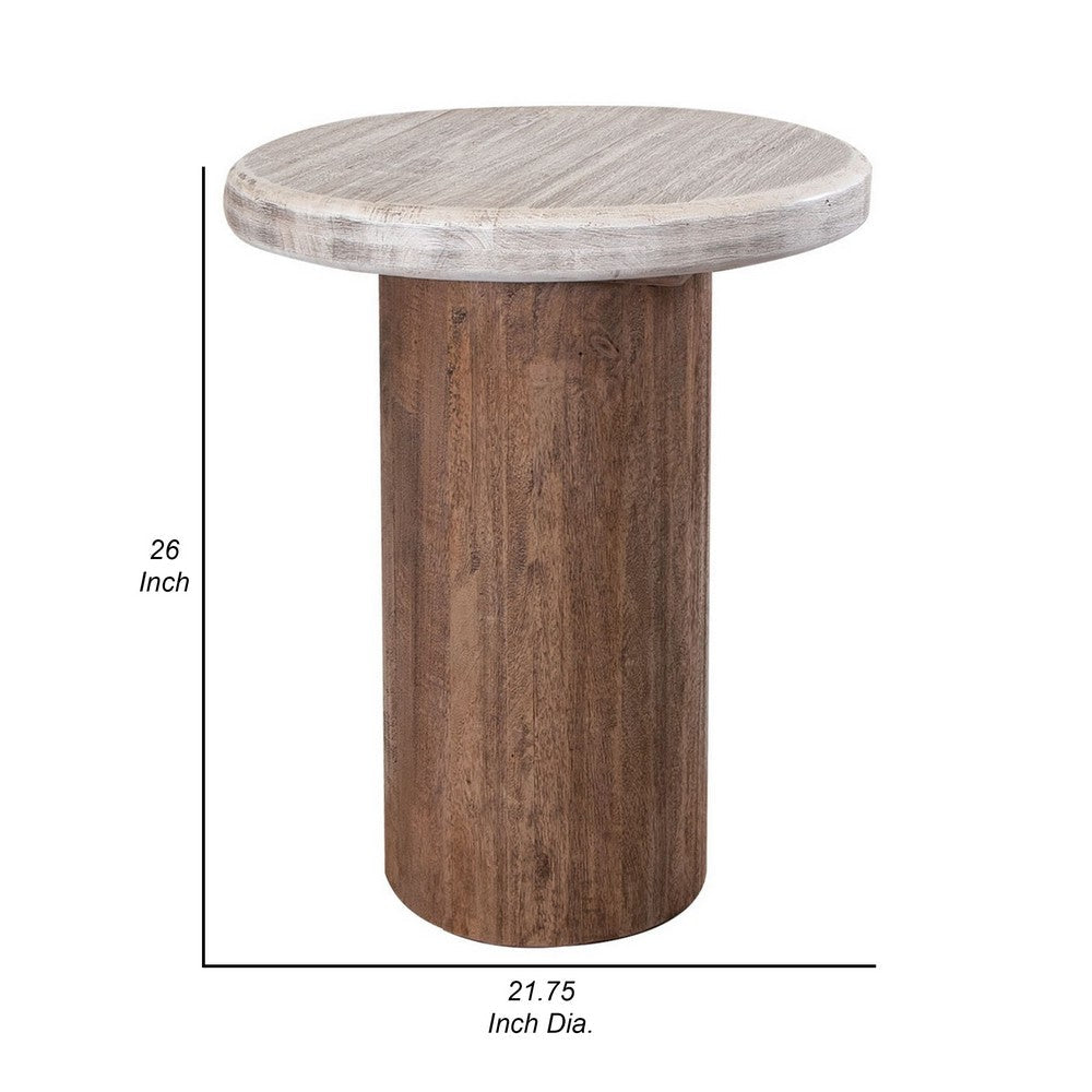 Benjara Kohl 26 Inch Side End Table, Brown Mango Wood, Drum Base, Cream Floated Top