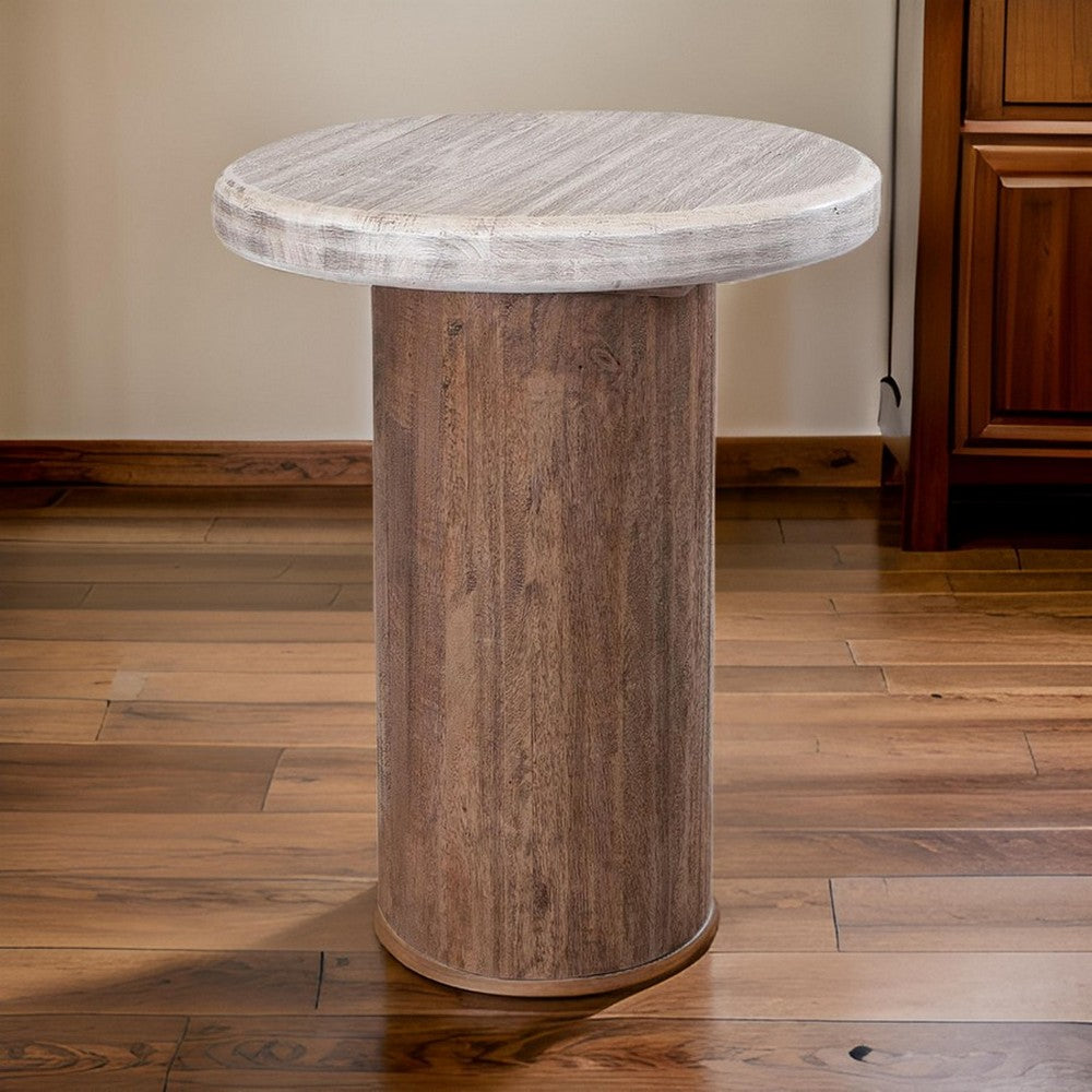 Benjara Kohl 26 Inch Side End Table, Brown Mango Wood, Drum Base, Cream Floated Top