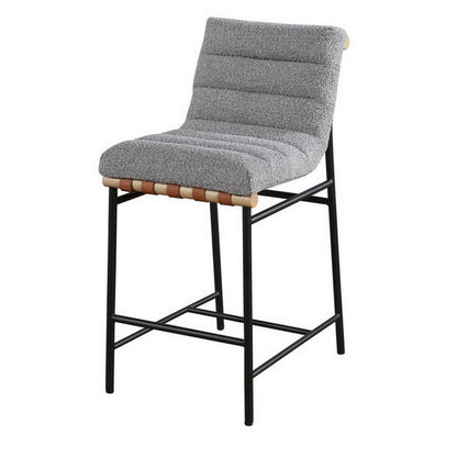 Benjara Kive 26 Inch Counter Height Stool Chair, Boucle Channel Tufted, Light Gray
