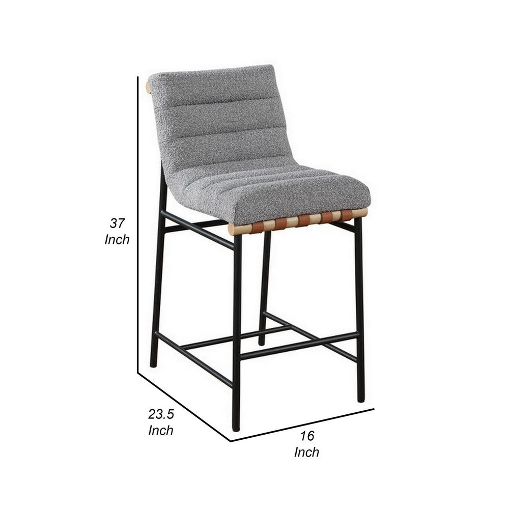 Benjara Kive 26 Inch Counter Height Stool Chair, Boucle Channel Tufted, Light Gray
