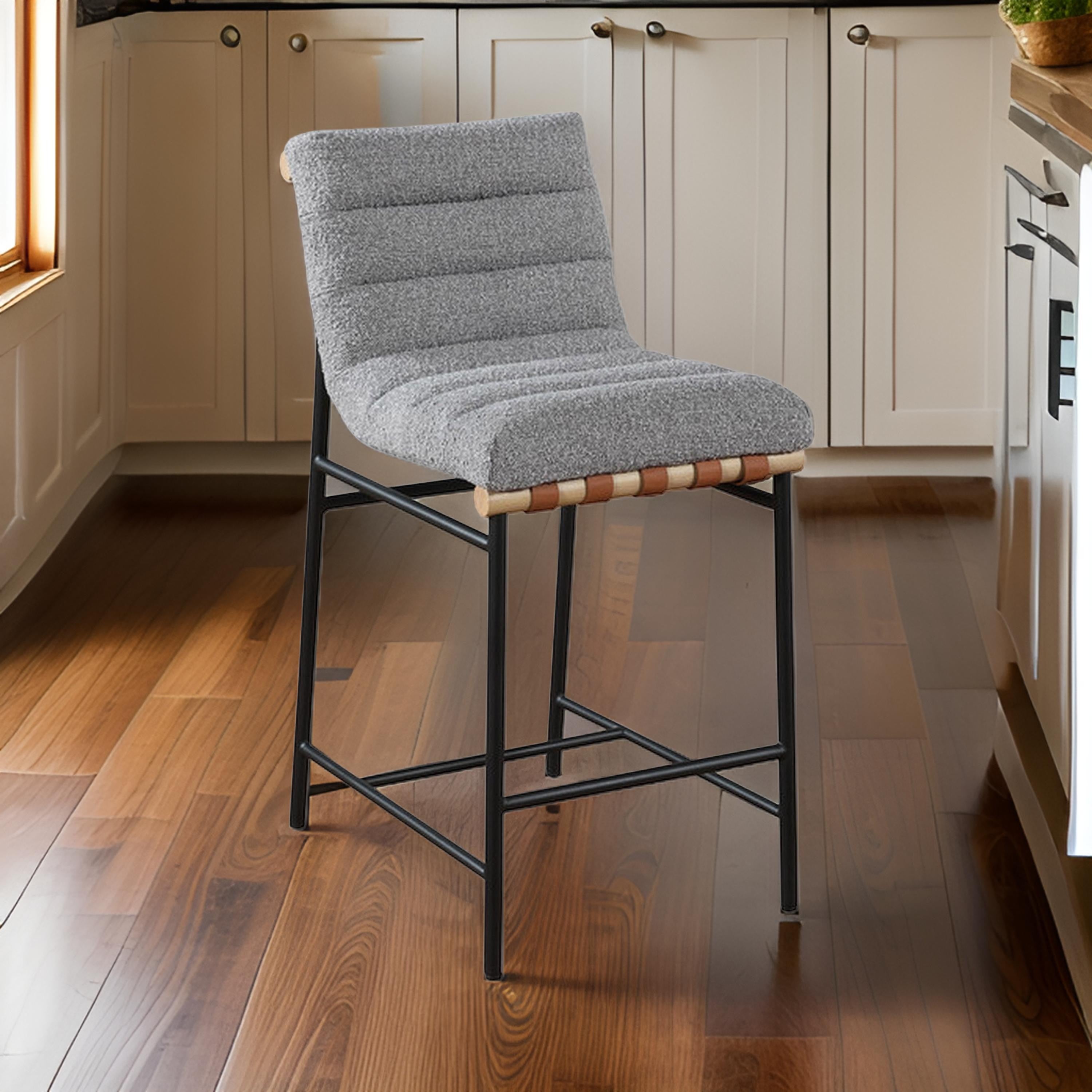 Benjara Kive 26 Inch Counter Height Stool Chair, Boucle Channel Tufted, Light Gray