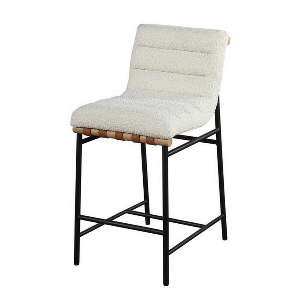 Benjara Kive 26 Inch Counter Height Stool Chair, Boucle Channel Tufted, White