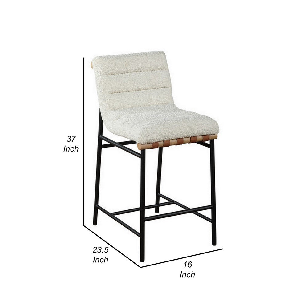Benjara Kive 26 Inch Counter Height Stool Chair, Boucle Channel Tufted, White