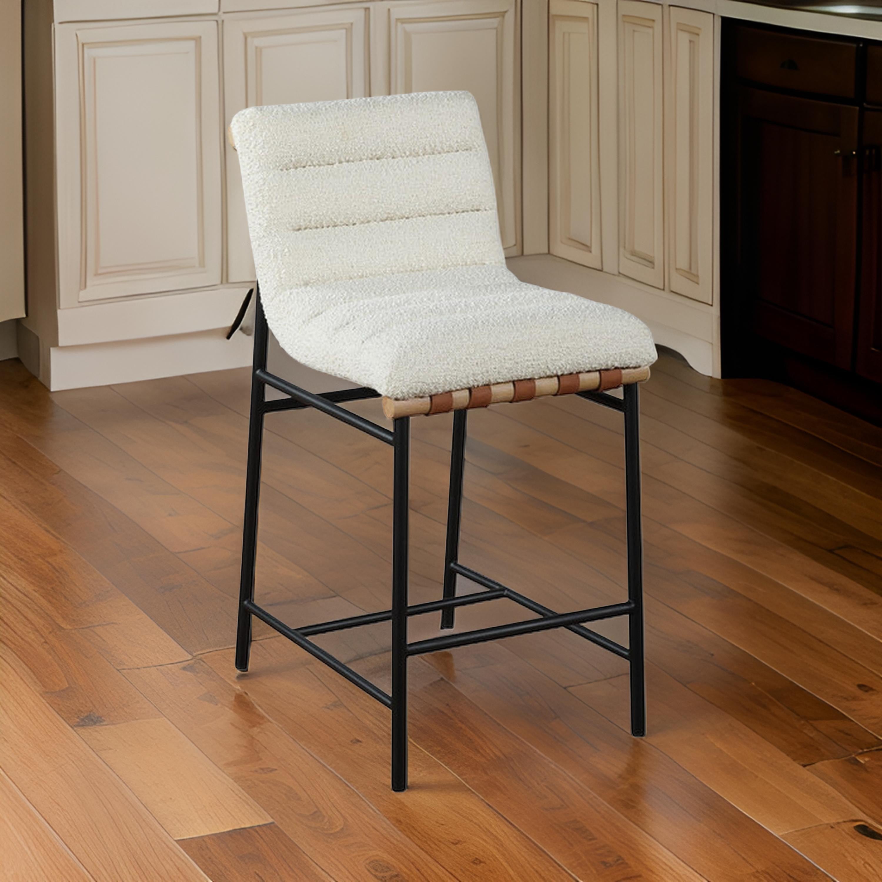 Benjara Kive 26 Inch Counter Height Stool Chair, Boucle Channel Tufted, White