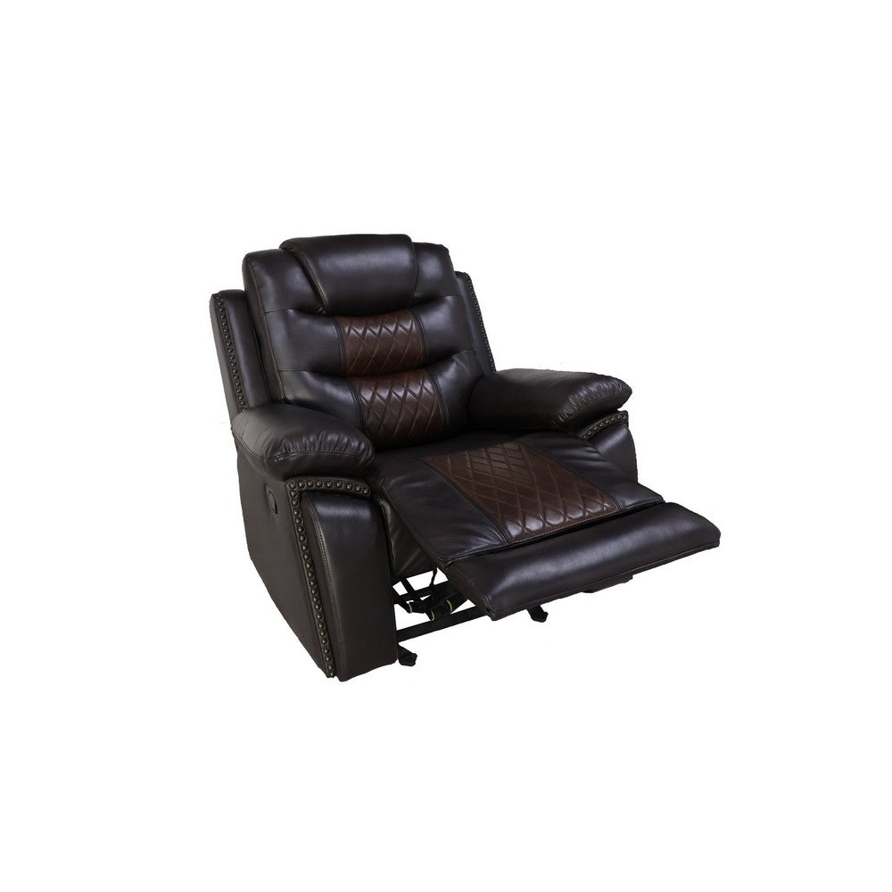 Benjara Asher 39 Inch Manual Recliner Chair, Wood, Pocket Coils, Brown Faux Leather