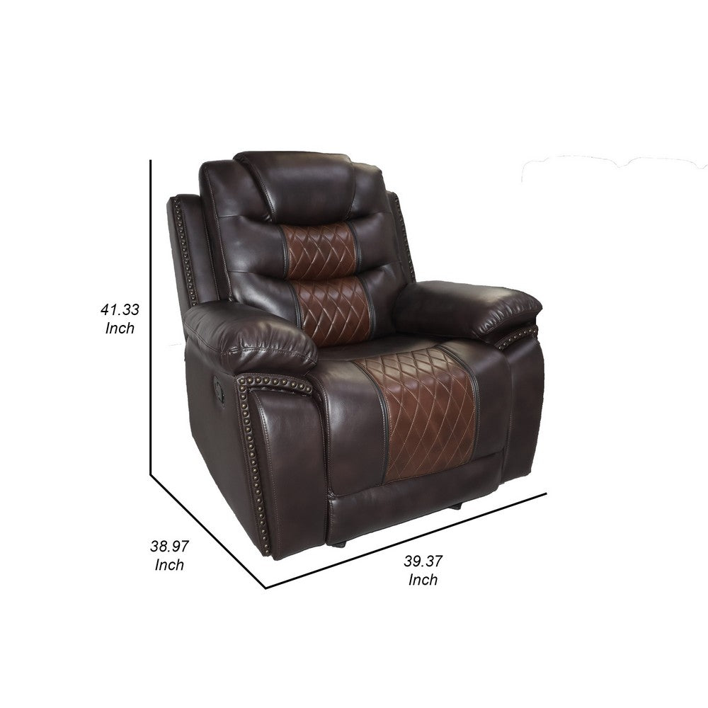 Benjara Asher 39 Inch Manual Recliner Chair, Wood, Pocket Coils, Brown Faux Leather