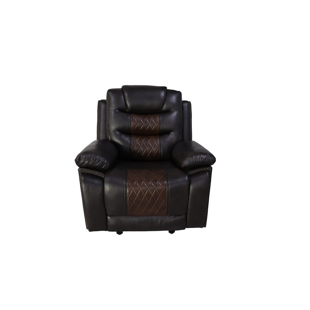 Benjara Asher 39 Inch Power Recliner Chair, Wood, Pocket Coils, Brown Faux Leather