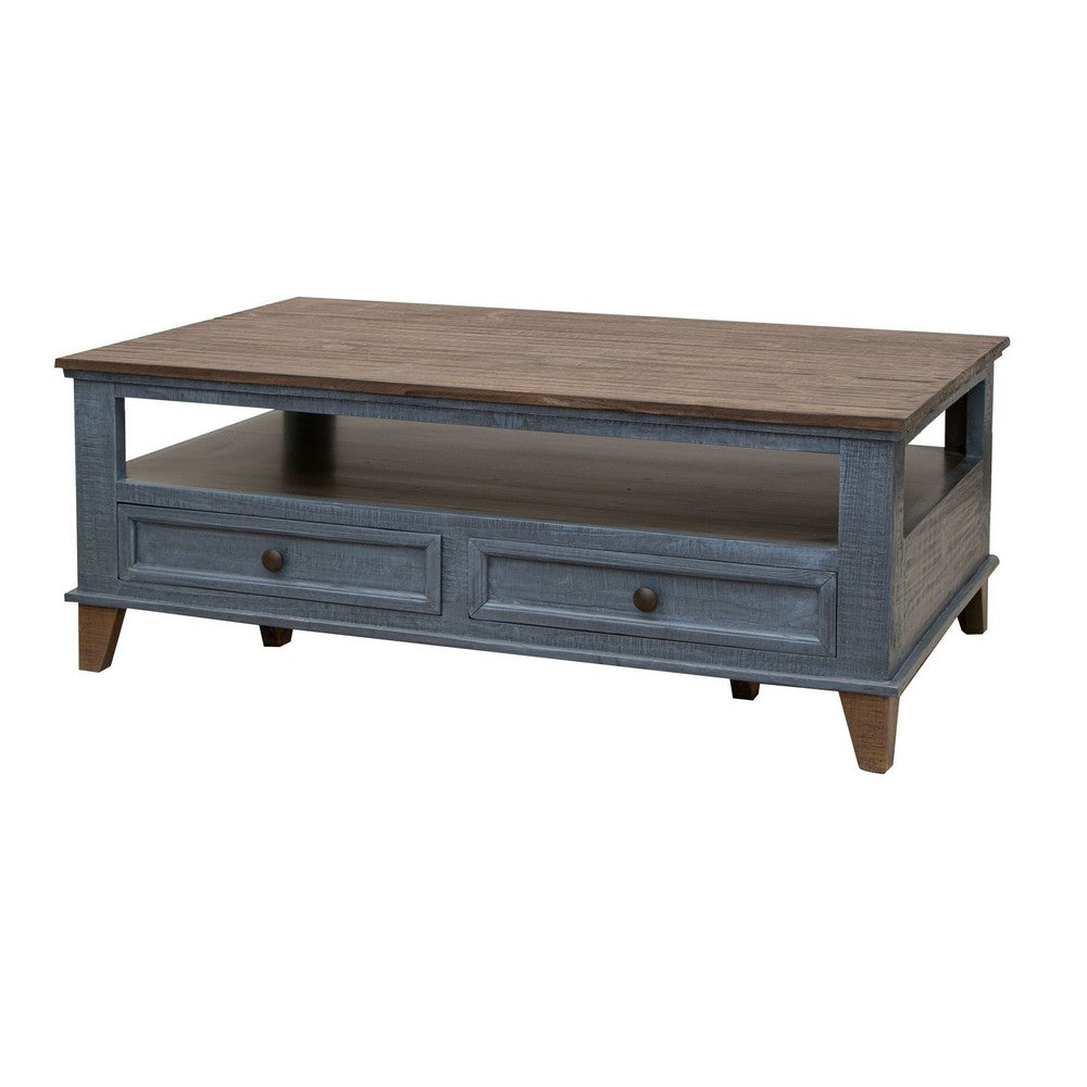 Benjara Rozy 50 Inch Coffee Table, Pine Wood, 4 Drawers, Open Shelf, Brown, Blue
