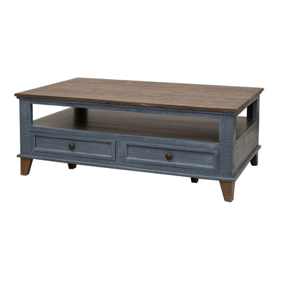 Benjara Rozy 50 Inch Coffee Table, Pine Wood, 4 Drawers, Open Shelf, Brown, Blue