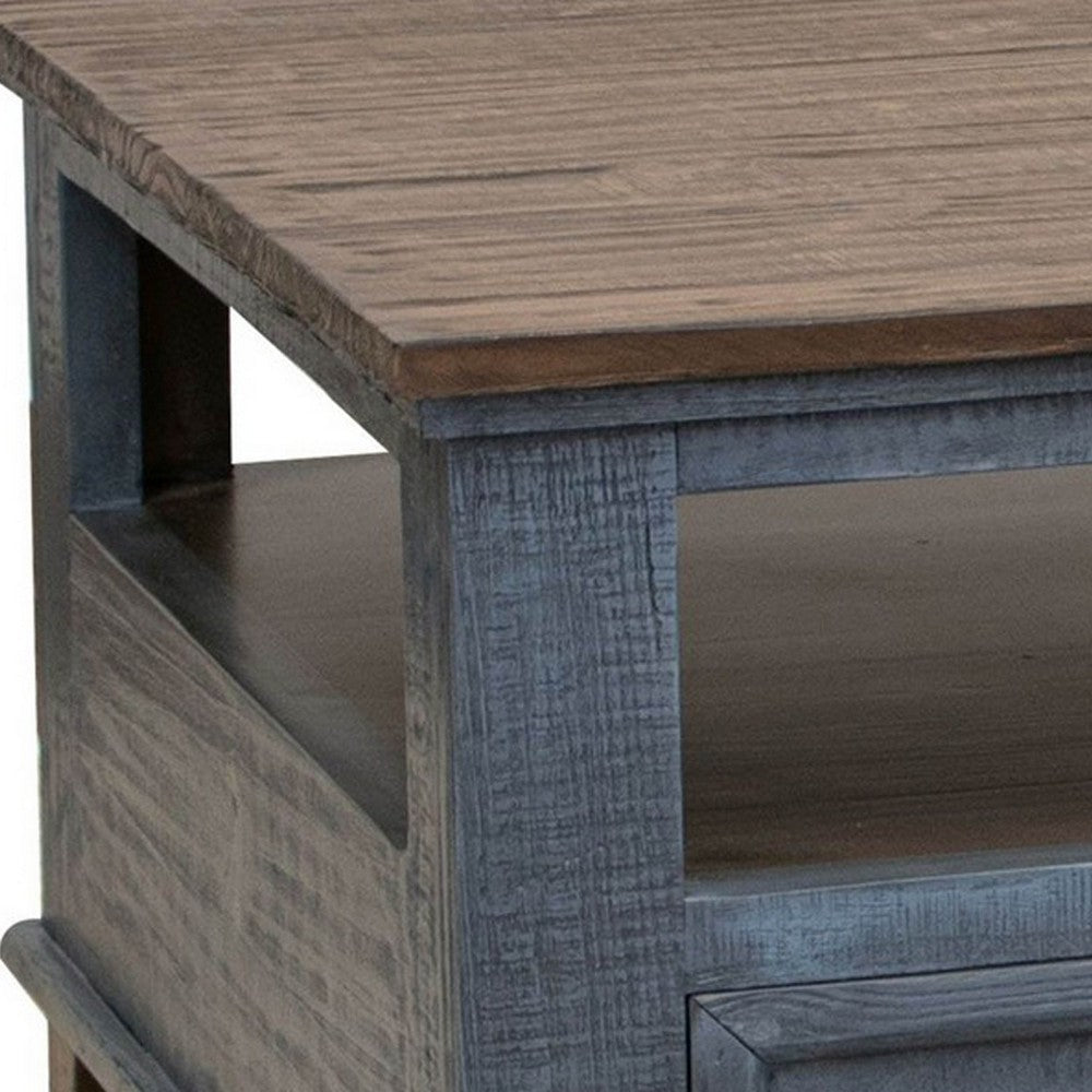 Benjara Rozy 50 Inch Coffee Table, Pine Wood, 4 Drawers, Open Shelf, Brown, Blue