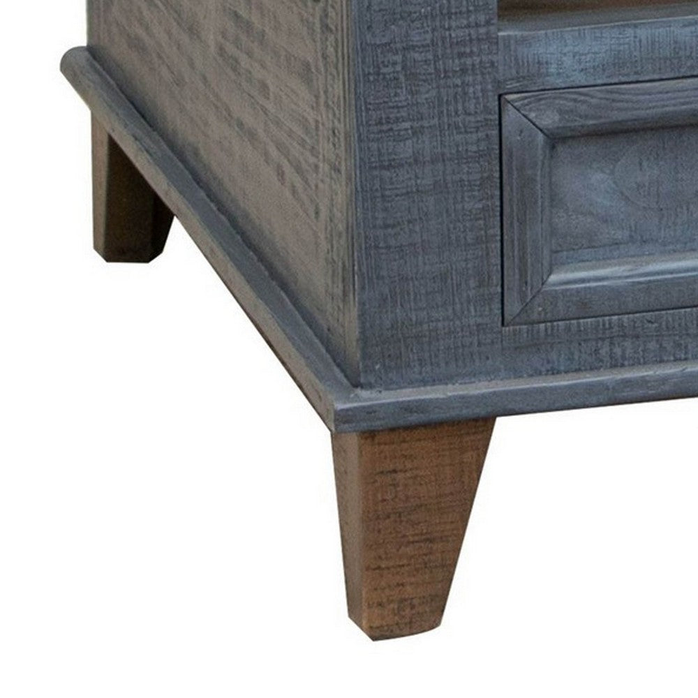 Benjara Rozy 50 Inch Coffee Table, Pine Wood, 4 Drawers, Open Shelf, Brown, Blue