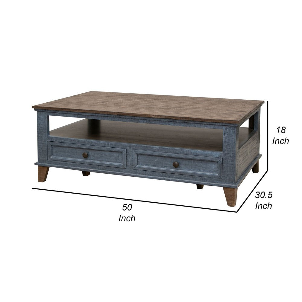 Benjara Rozy 50 Inch Coffee Table, Pine Wood, 4 Drawers, Open Shelf, Brown, Blue