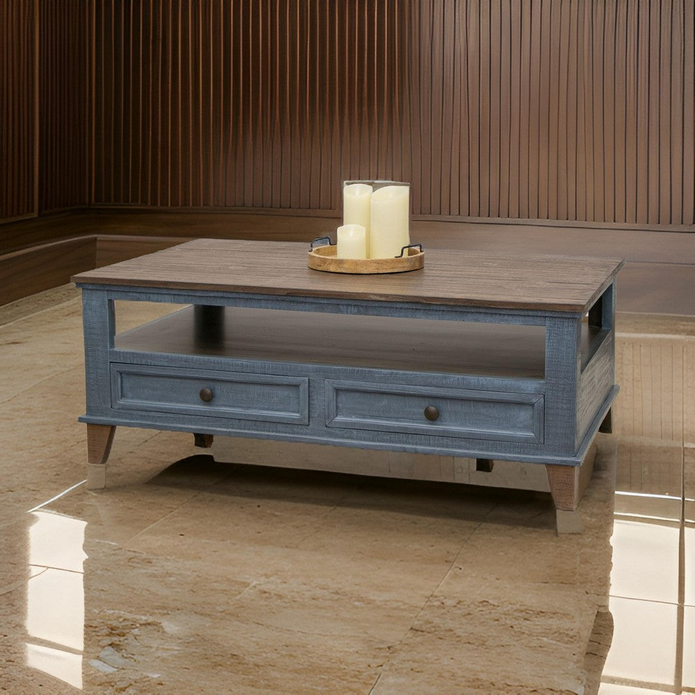Benjara Rozy 50 Inch Coffee Table, Pine Wood, 4 Drawers, Open Shelf, Brown, Blue