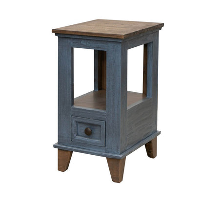 Benjara Rozy 26 Inch Chairside Table, Pine Wood, 1 Drawer, Open Shelf, Brown, Blue