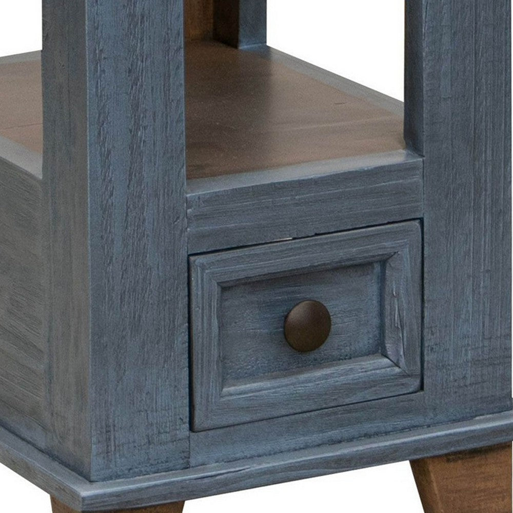 Benjara Rozy 26 Inch Chairside Table, Pine Wood, 1 Drawer, Open Shelf, Brown, Blue