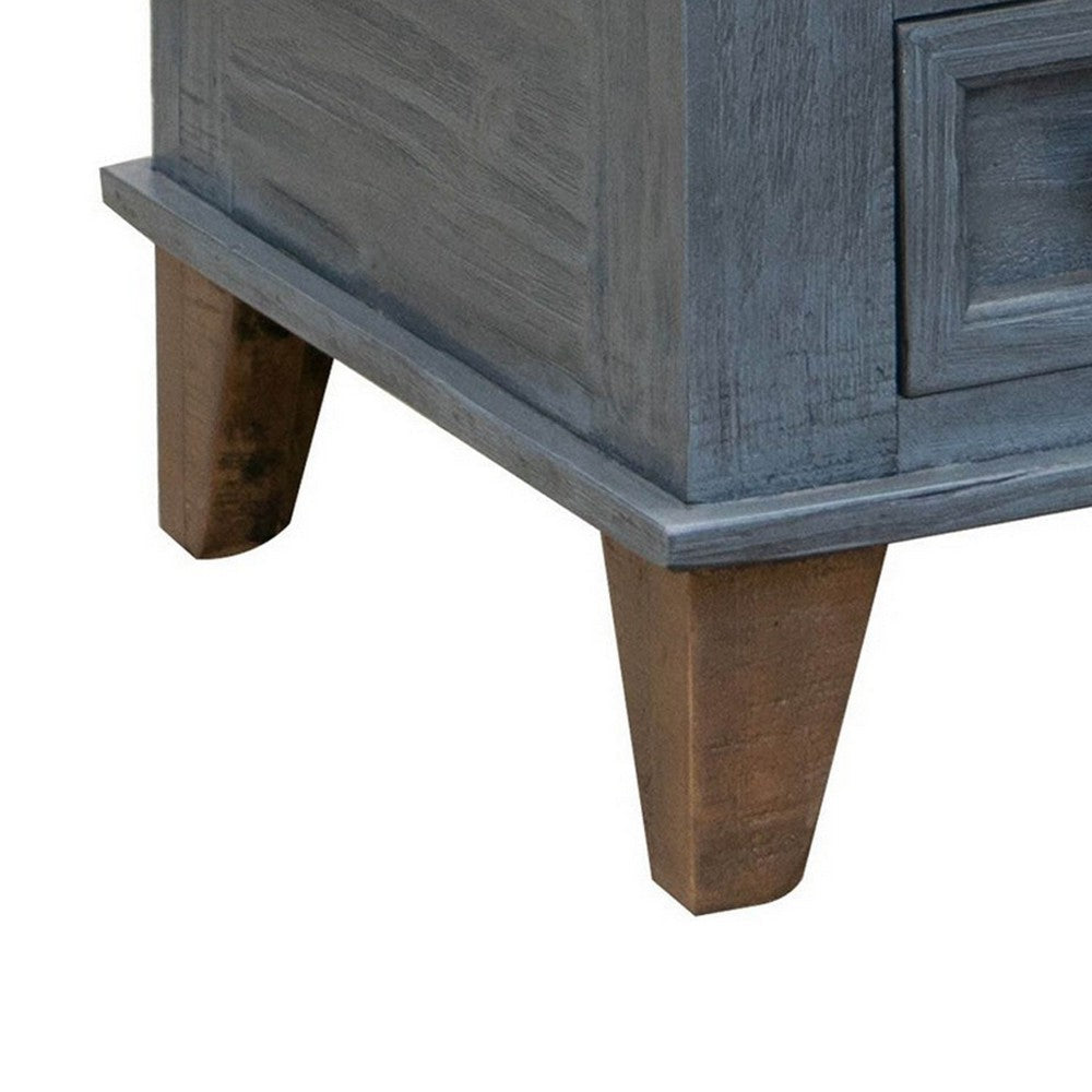 Benjara Rozy 26 Inch Chairside Table, Pine Wood, 1 Drawer, Open Shelf, Brown, Blue