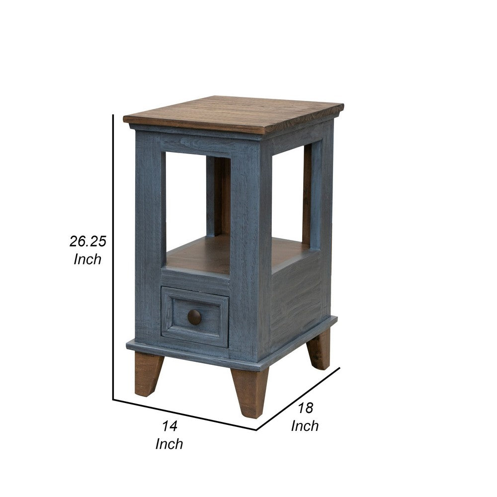 Benjara Rozy 26 Inch Chairside Table, Pine Wood, 1 Drawer, Open Shelf, Brown, Blue