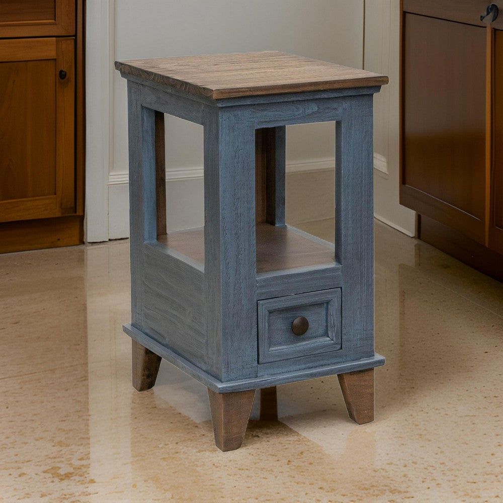 Benjara Rozy 26 Inch Chairside Table, Pine Wood, 1 Drawer, Open Shelf, Brown, Blue