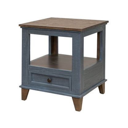 Benjara Rozy 26 Inch Side End Table, Pine Wood, 1 Drawer, Open Shelf, Brown, Blue