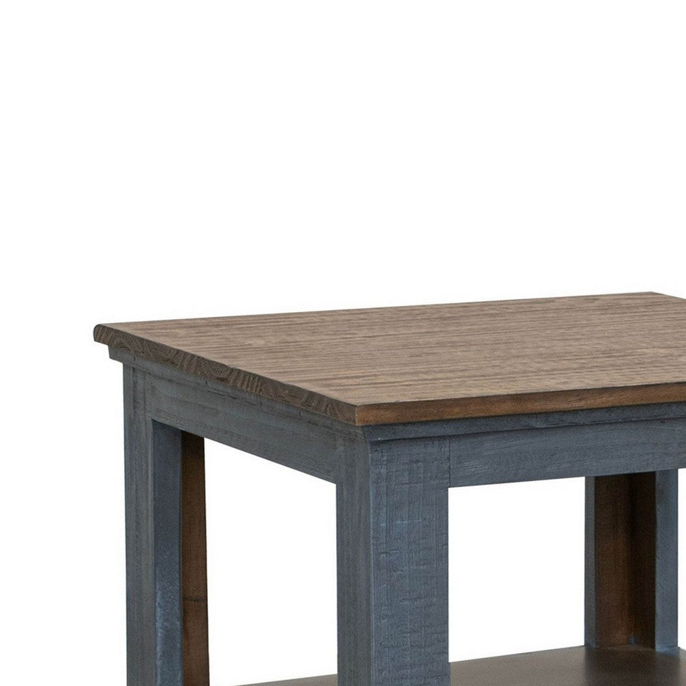 Benjara Rozy 26 Inch Side End Table, Pine Wood, 1 Drawer, Open Shelf, Brown, Blue