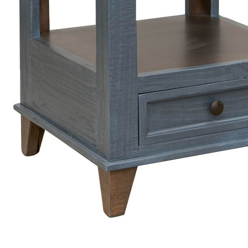 Benjara Rozy 26 Inch Side End Table, Pine Wood, 1 Drawer, Open Shelf, Brown, Blue