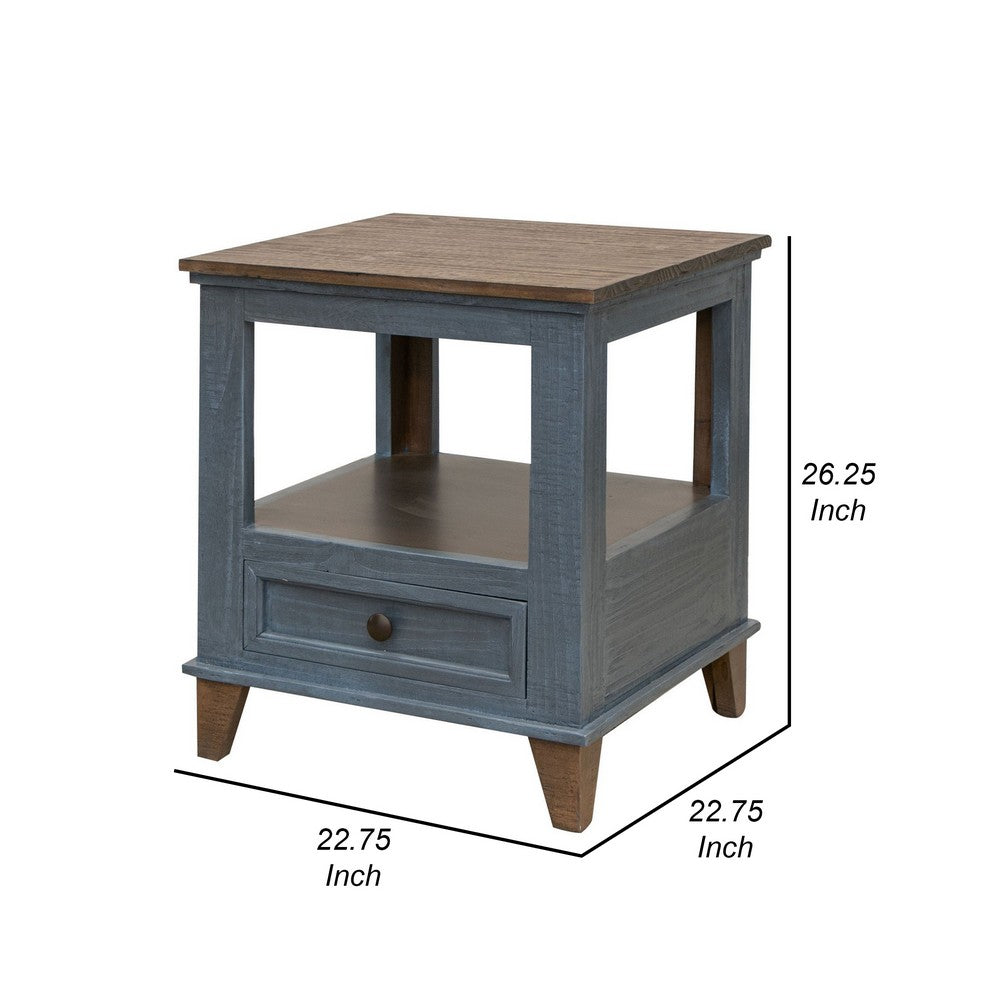 Benjara Rozy 26 Inch Side End Table, Pine Wood, 1 Drawer, Open Shelf, Brown, Blue