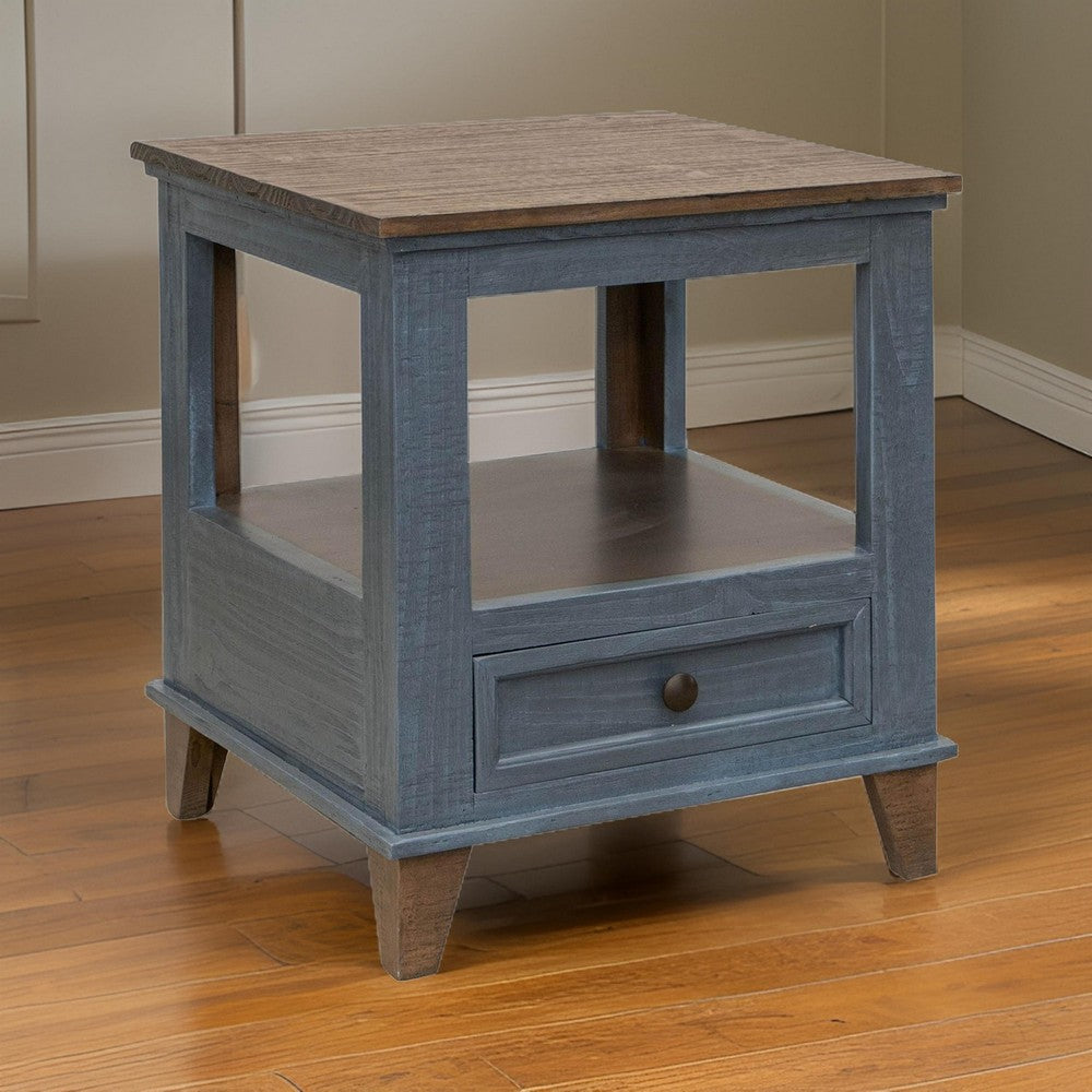 Benjara Rozy 26 Inch Side End Table, Pine Wood, 1 Drawer, Open Shelf, Brown, Blue