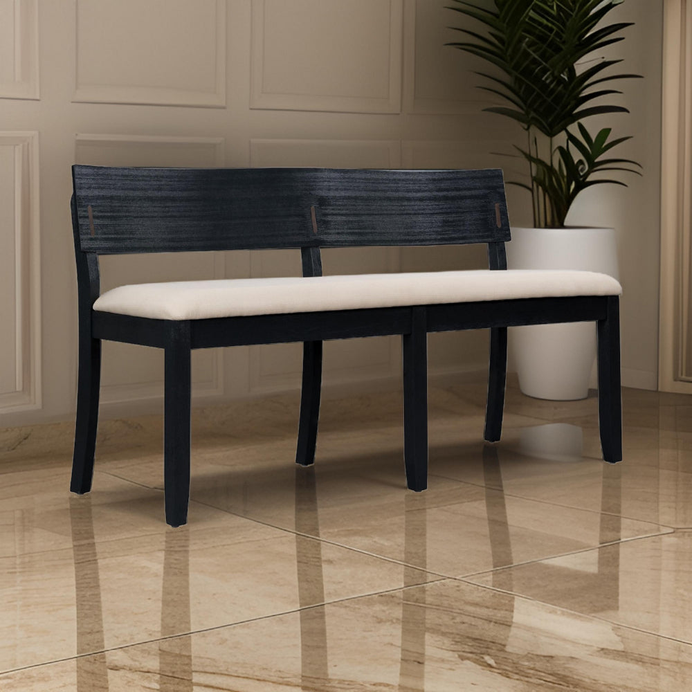 Benjara Celi 53 Inch Dining Bench, Cream Fabric Seat, Matte Black Wood Frame