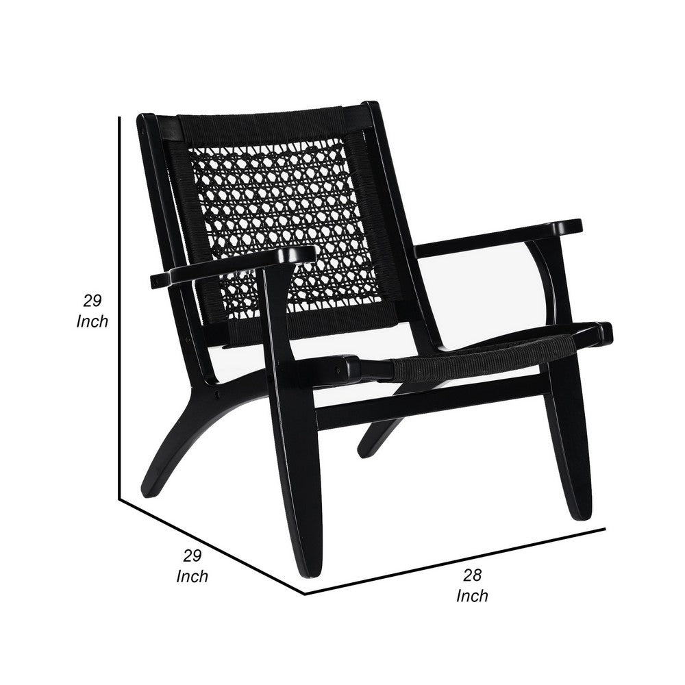 Benjara Heor 29 Inch Accent Chair, Hexagon Rope Woven Back, Seat, Black Wood