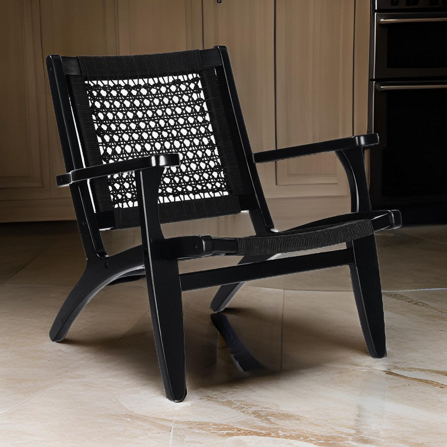 Benjara Heor 29 Inch Accent Chair, Hexagon Rope Woven Back, Seat, Black Wood