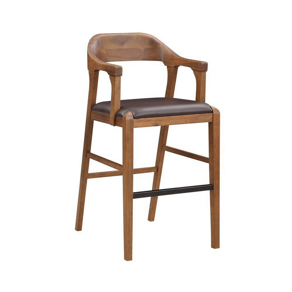 Benjara Rase 29 Inch Barstool Chair, Faux Leather Seat, Open Curved Back, Brown