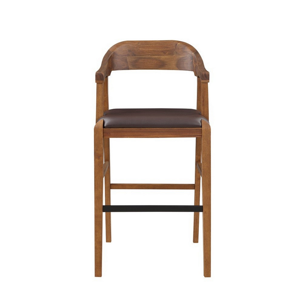 Benjara Rase 29 Inch Barstool Chair, Faux Leather Seat, Open Curved Back, Brown