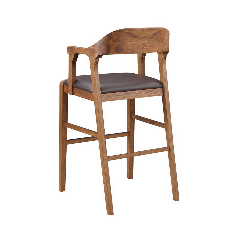 Benjara Rase 29 Inch Barstool Chair, Faux Leather Seat, Open Curved Back, Brown