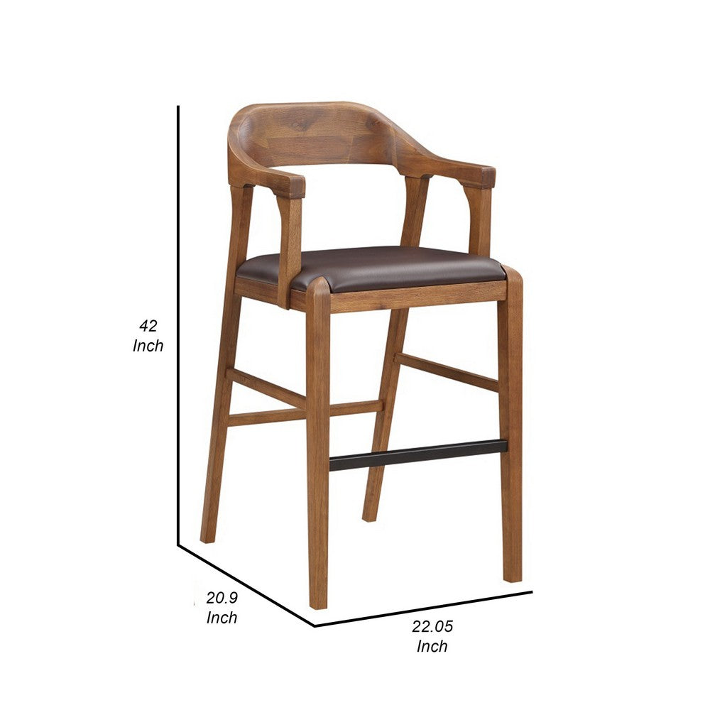 Benjara Rase 29 Inch Barstool Chair, Faux Leather Seat, Open Curved Back, Brown