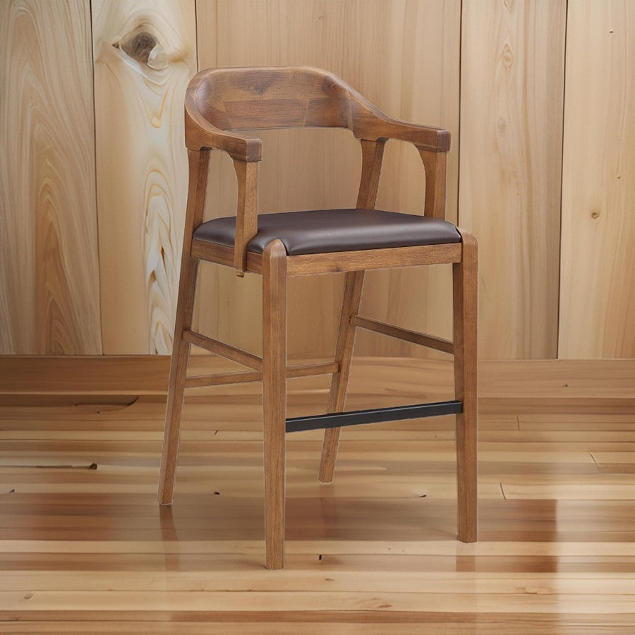 Benjara Rase 29 Inch Barstool Chair, Faux Leather Seat, Open Curved Back, Brown
