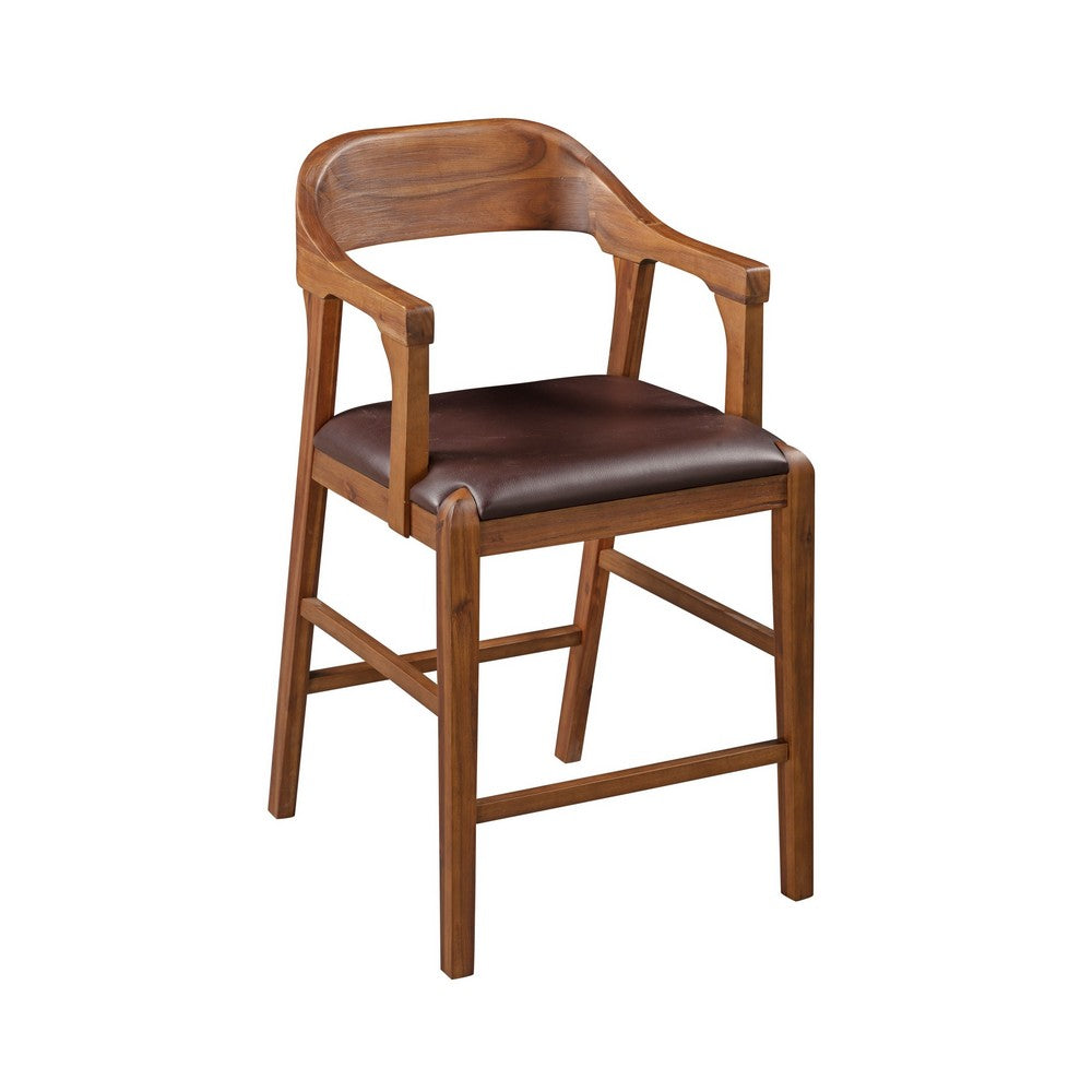 Benjara Rase 24 Inch Counter Stool Chair, Faux Leather, Open Back, Brown Wood