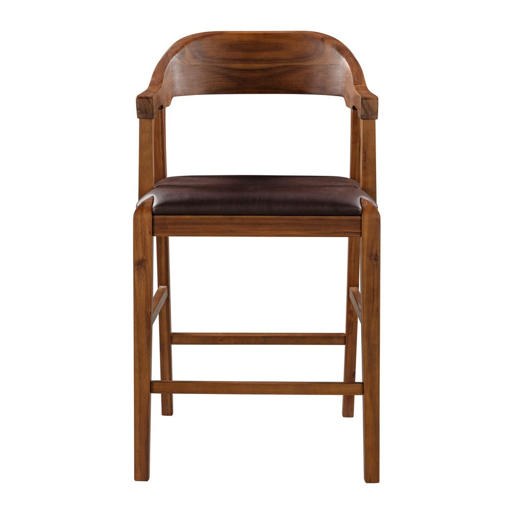 Benjara Rase 24 Inch Counter Stool Chair, Faux Leather, Open Back, Brown Wood