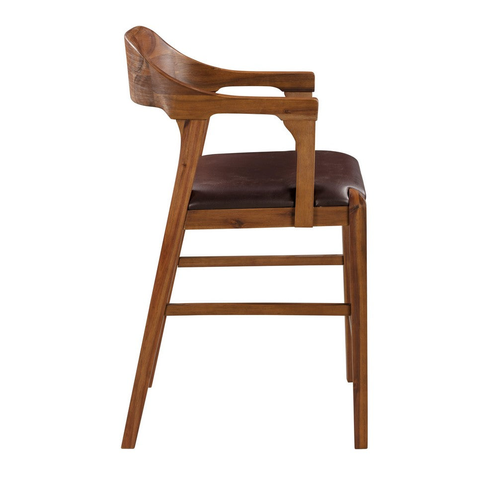 Benjara Rase 24 Inch Counter Stool Chair, Faux Leather, Open Back, Brown Wood