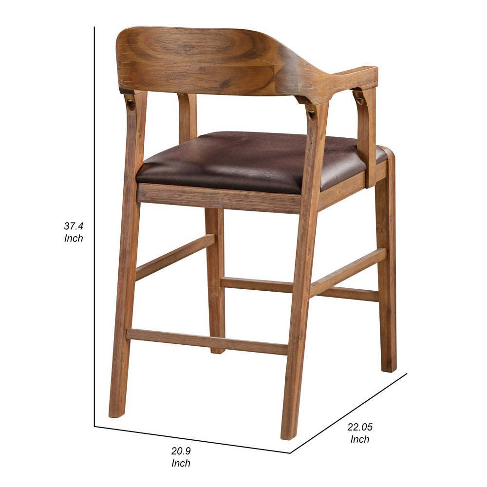 Benjara Rase 24 Inch Counter Stool Chair, Faux Leather, Open Back, Brown Wood