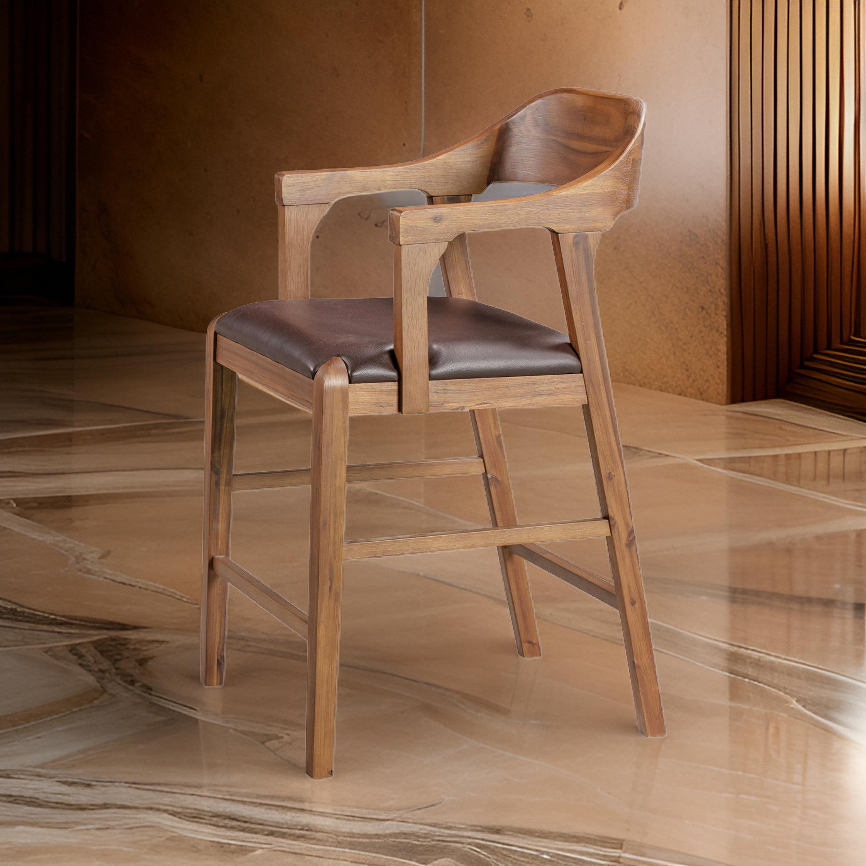 Benjara Rase 24 Inch Counter Stool Chair, Faux Leather, Open Back, Brown Wood