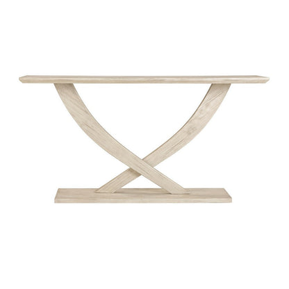 Benjara Rase 57 Inch Console Table, Cross Leg Design, Pedestal Base, Whitewash Wood